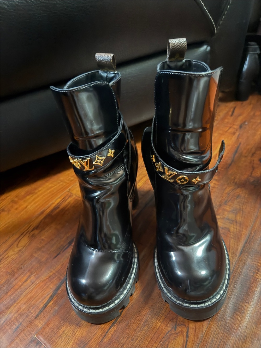 Louis Vuitton Black Patent Leather Ankle Boots with Gold Logo Strap